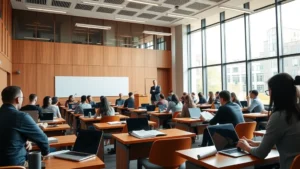 Professional law school classroom with students taking notes at wooden desks, professor lecturing at front, legal textbooks and laptops visible, modern university building interior, natural lighting from large windows
