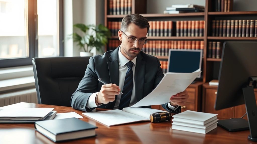 Professional attorney in business suit reviewing legal documents at wooden desk in modern law office with law books and computer visible, natural lighting from window