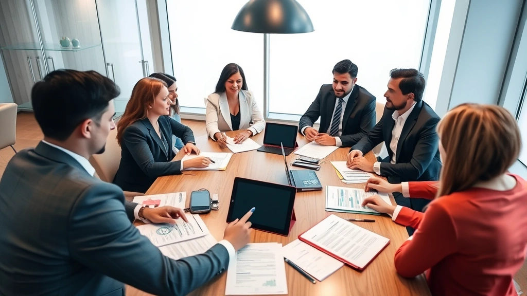 Diverse team of lawyers in conference room discussing case strategy around table with documents and tablet computers, collaborative professional environment