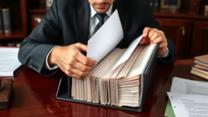 Professional lawyer organizing legal documents in a structured accordion file folder at a mahogany desk, multiple colored tab dividers visible, serious focused expression