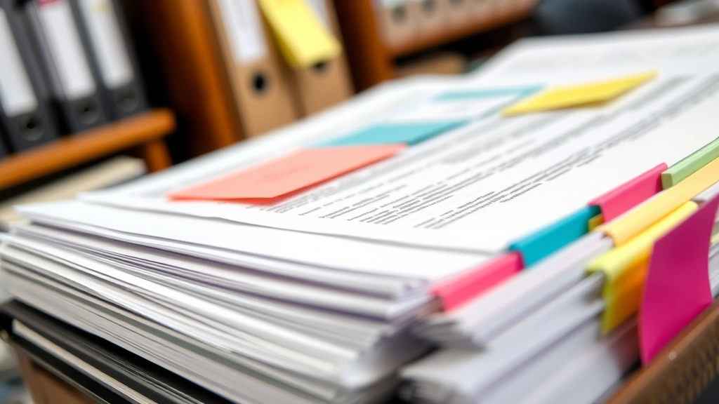 Close-up of organized legal documents with color-coded tabs and sticky notes, professional office setting, natural lighting showing document clarity