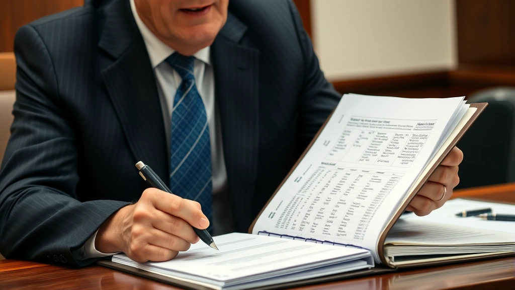 Experienced attorney referencing organized tactical folder during deposition, documents neatly arranged with visible indexing system, professional courtroom environment