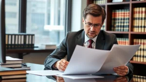 Professional lawyer in business attire reviewing property documents at desk with law books in background, serious expression, office setting with natural lighting