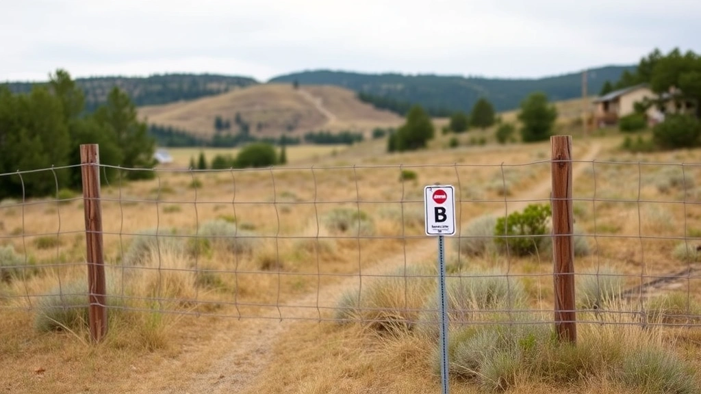 Property boundary markers and fence posts in natural landscape, clear demarcation between properties, overcast daylight, no people visible, emphasizing property division