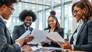 Professional diverse lawyers in modern office reviewing contracts and legal documents, natural daylight, confident expression, professional attire, collaborative workspace atmosphere