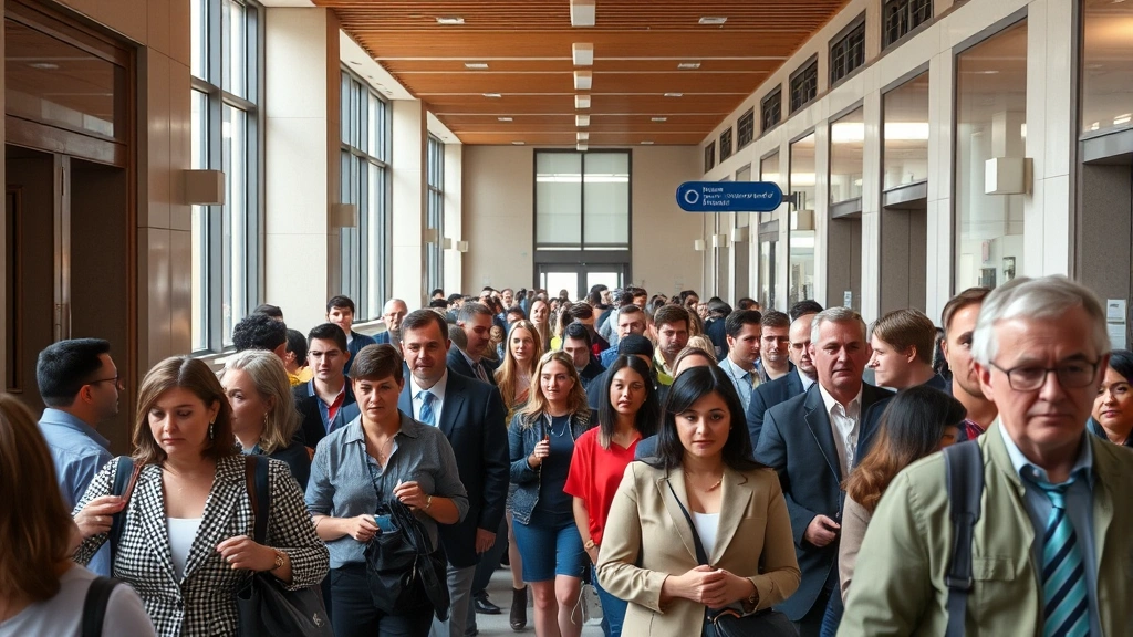 Busy courthouse hallway with people of various socioeconomic backgrounds waiting, modern architecture, natural lighting, diverse crowd, neutral professional setting