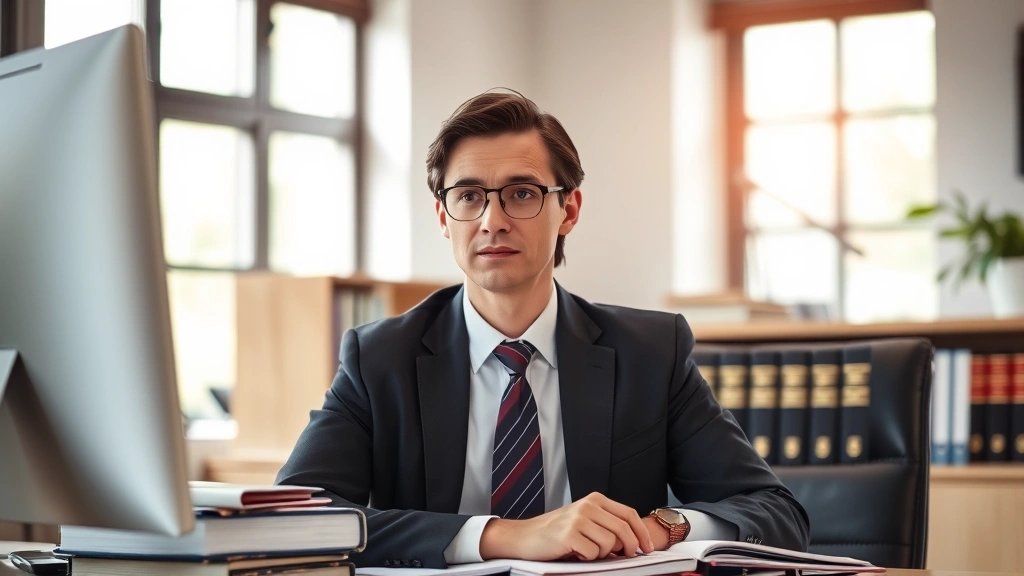 Legal professional at desk with law books and computer, focused concentration, professional office environment, natural window light, serious engaged expression