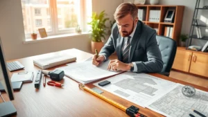 Professional real estate appraiser examining property deed and land survey documents on wooden desk with measuring tools and property maps in sunlit office environment