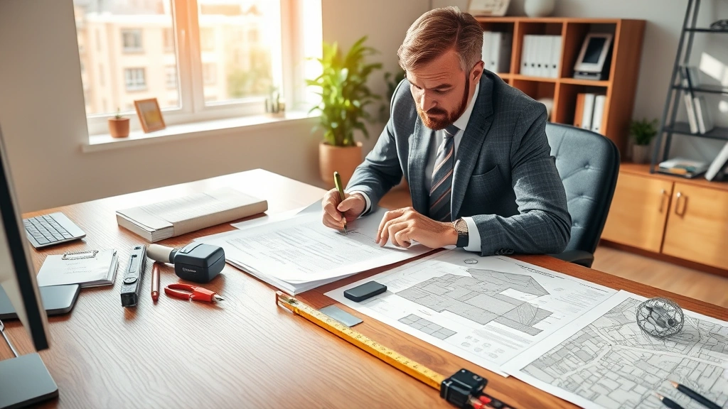 Professional real estate appraiser examining property deed and land survey documents on wooden desk with measuring tools and property maps in sunlit office environment