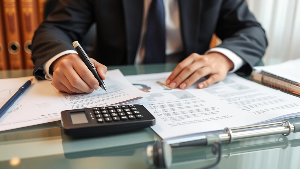 Professional lawyer reviewing real estate contracts and property documents at office desk with calculator and legal files
