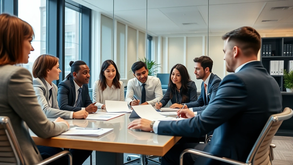 Diverse team of legal professionals collaborating on contract review in modern law office conference room