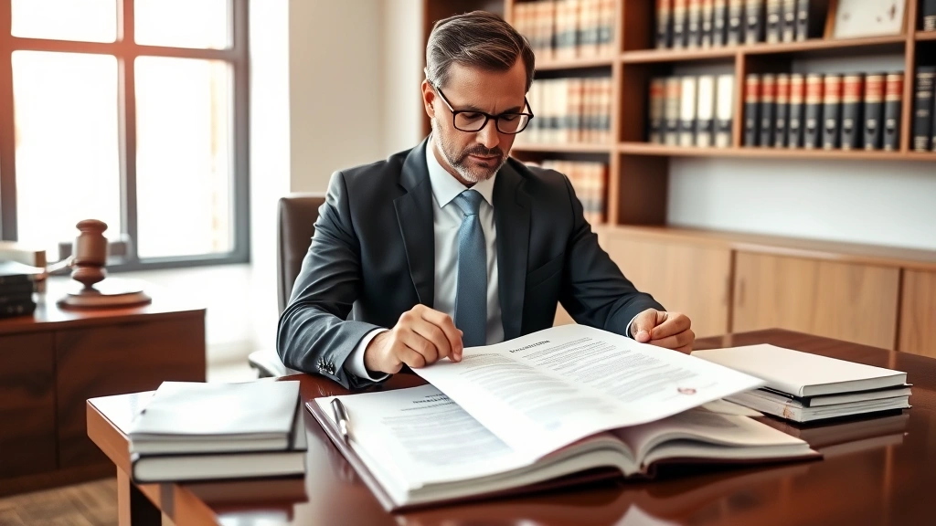 Professional attorney in business suit reviewing contract documents at mahogany desk with law books and legal files, serious focused expression, modern law office with natural lighting