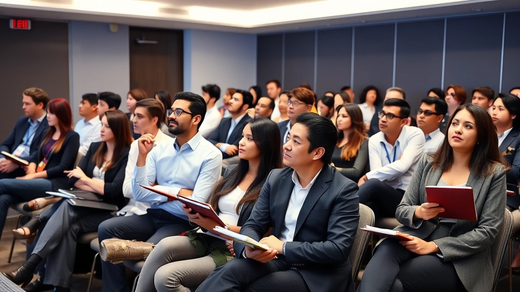Diverse group of professional adults in business attire sitting in modern seminar room taking notes during educational presentation, engaged and attentive audience, bright contemporary conference space