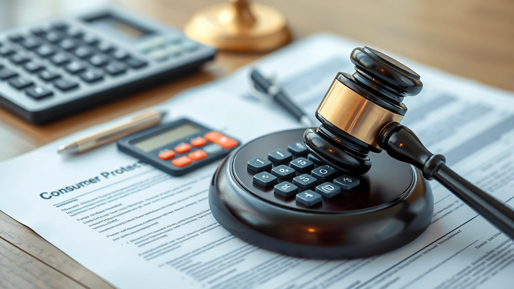 Gavel resting on legal documents with calculator and financial papers, representing consumer protection and contract law, professional legal office setting with soft focused background