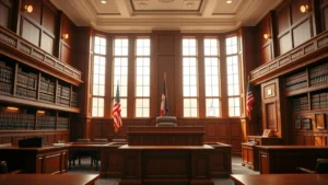 Professional courtroom interior with wooden judge's bench, law books lining shelves, formal lighting, empty jury box, mahogany furniture, American flag, scales of justice visible, morning light through tall windows, photorealistic, no people, official legal setting