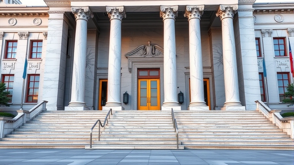 Government building classical architecture with marble columns, wide courthouse steps, formal entrance, civic monument setting, professional institutional design, daytime lighting, no signage text visible, photorealistic governmental authority representation