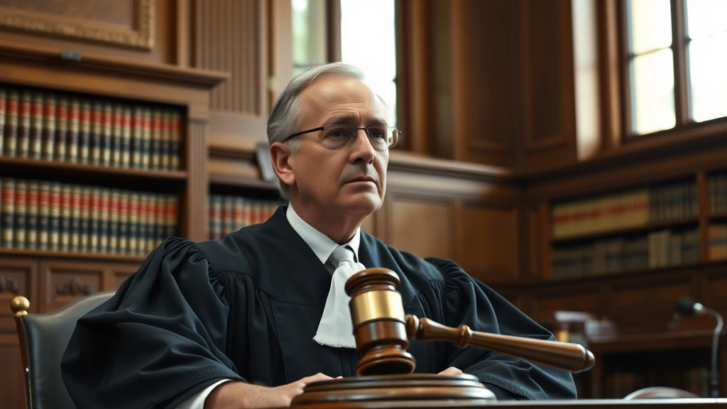 Professional judge in courtroom wearing black robes, gavel on desk, law books visible on shelves behind, serious contemplative expression, natural lighting from tall windows, photorealistic