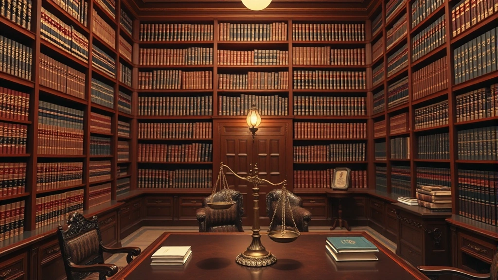 Law library with extensive bookshelves of legal codes and treatises, leather-bound volumes, warm lighting, mahogany furniture, scale of justice sculpture on desk, scholarly ambiance