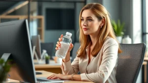 Professional woman at office desk during rest break, holding water bottle, relaxed posture, natural lighting, modern workplace environment, photorealistic