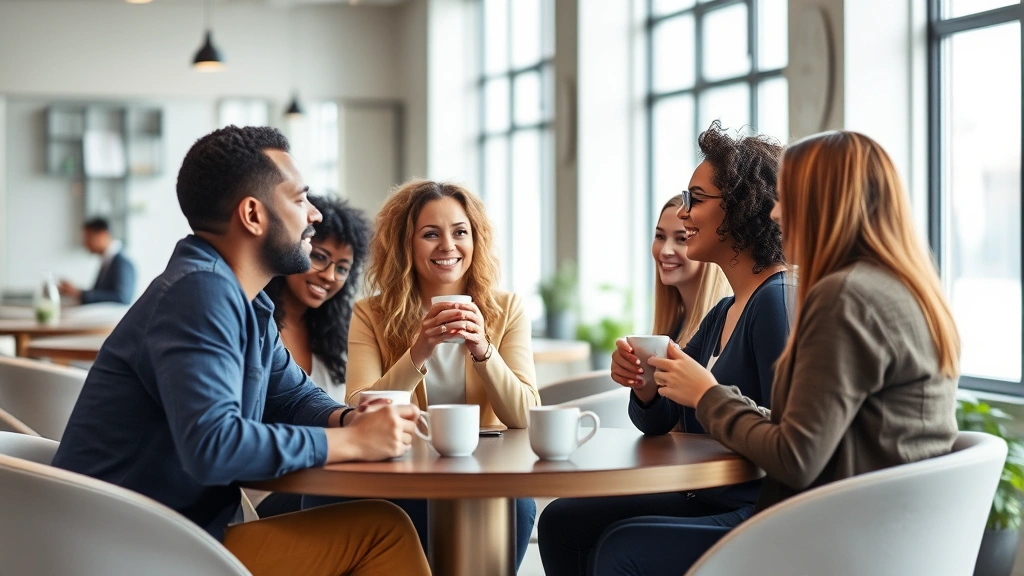 Diverse team of employees in break room enjoying coffee and conversation, casual professional setting, bright natural light, inclusive workplace atmosphere, photorealistic