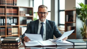 Professional attorney in business suit reviewing legal documents at desk in modern law office with law books visible, confident expression, natural lighting from window