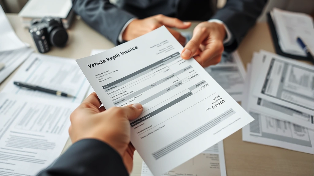 Close-up of hands holding vehicle repair invoice and warranty documents, organized paperwork spread on desk, professional setting, clear document details visible