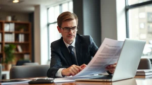 Professional lawyer in business attire reviewing vehicle documents at a desk with a laptop, serious focused expression, modern office background, natural lighting, close-up on paperwork