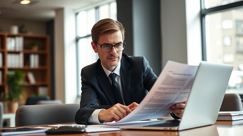 Professional lawyer in business attire reviewing vehicle documents at a desk with a laptop, serious focused expression, modern office background, natural lighting, close-up on paperwork