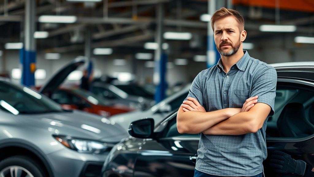 Frustrated car owner standing next to a vehicle in a repair shop bay, arms crossed, contemplative expression, mechanics visible in background working on vehicles, professional service center setting