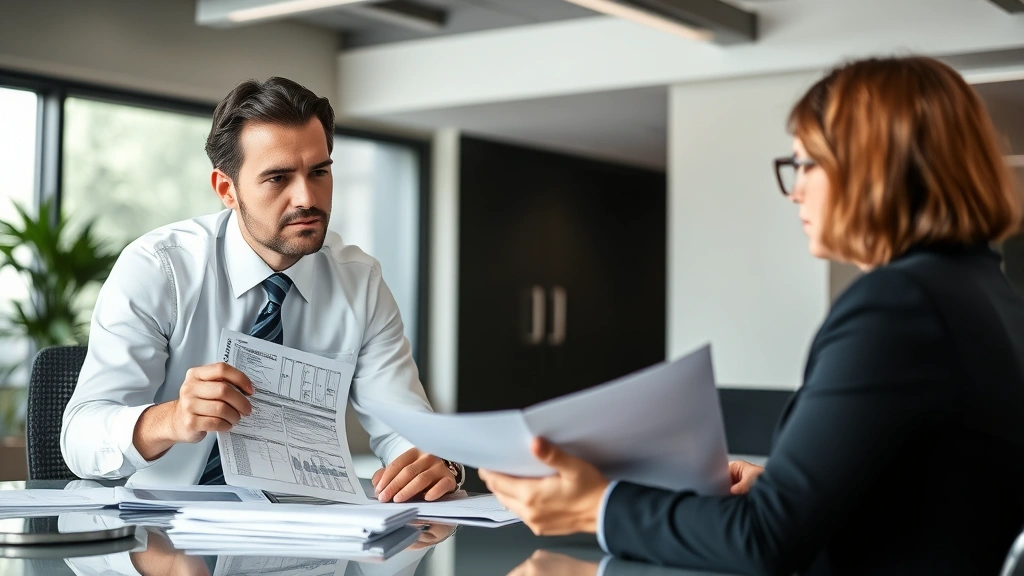 Professional lemon law attorney in modern office setting reviewing vehicle defect documents and repair records with client, wearing business attire, serious focused expression, natural lighting