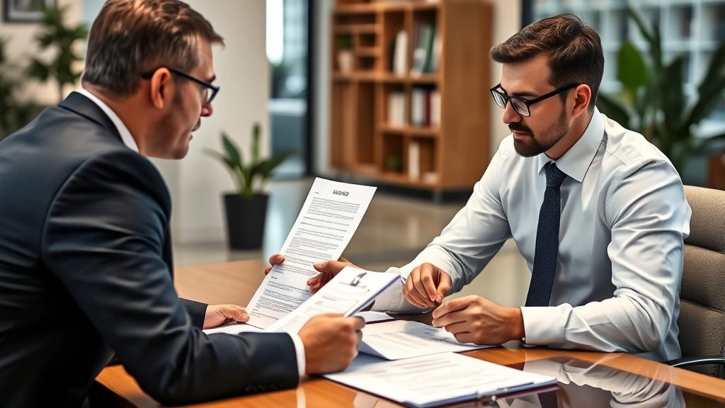 Professional lemon law attorney in consultation with client reviewing vehicle defect documentation and legal paperwork in modern office setting, diverse representation, professional atmosphere, detailed paperwork visible