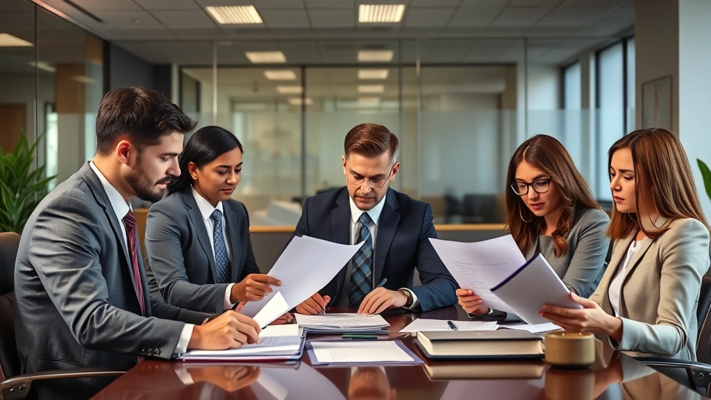 Diverse team of lemon law attorneys in professional office environment reviewing case files and legal documents with determination and expertise, collaborative setting, modern workspace