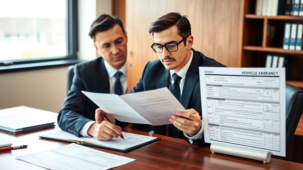 Professional attorney in business suit reviewing vehicle warranty documents and repair orders at wooden desk, office setting, natural lighting, focused expression, paperwork spread before them