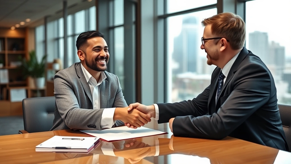 Satisfied customer signing settlement agreement with attorney in modern law office, handshake moment, both smiling, professional atmosphere, large windows with city view behind them