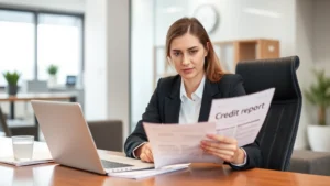 Professional woman in business attire sitting at desk with laptop and documents, reviewing credit report information with focused expression, modern office environment with neutral tones
