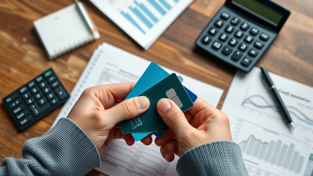 Close-up of hands holding credit cards and financial documents on wooden desk with calculator and pen, organized workspace suggesting financial planning and credit management