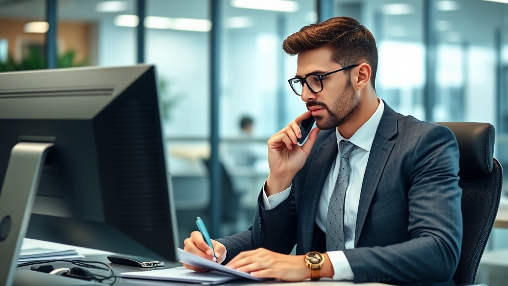 Confident male professional in business suit on phone call at office desk with computer monitor visible, taking notes during customer service interaction, professional office setting