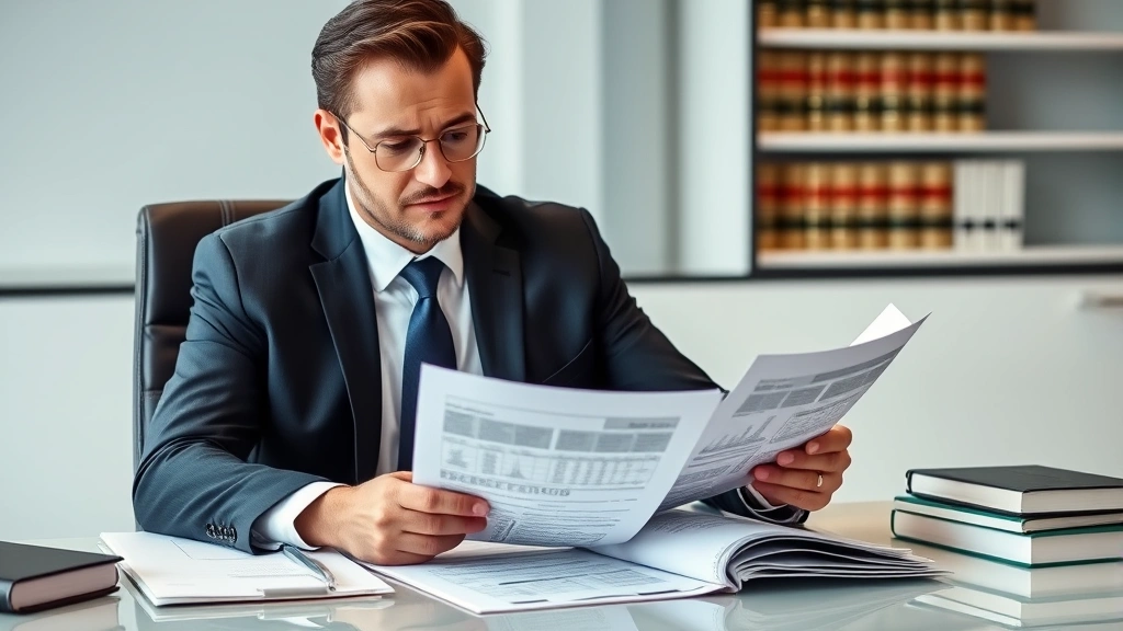 Professional attorney in business suit reviewing credit reports and financial documents at modern office desk, serious focused expression, formal legal environment with law books in background