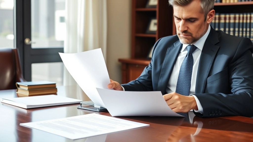 Professional lawyer in business suit reviewing credit documents and settlement agreements at mahogany desk, serious focused expression, natural office lighting, high-resolution photograph