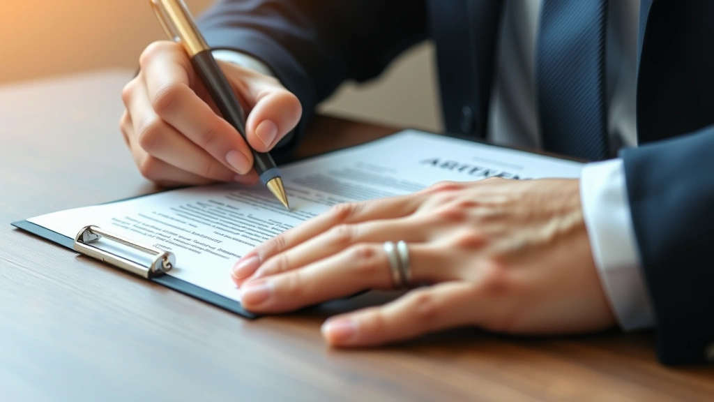 Close-up of hands signing settlement agreement document with pen, formal business attire visible, neutral background, professional photography, natural lighting