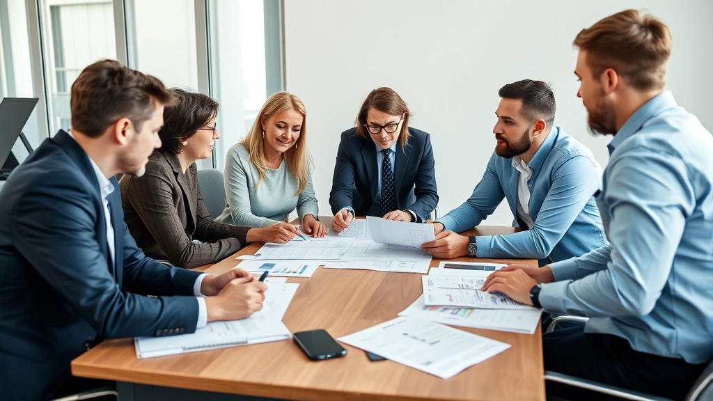 Diverse group of people in professional business meeting discussing financial documents around conference table, collaborative atmosphere, natural lighting, corporate environment