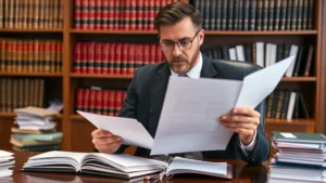 Professional lawyer in formal business attire reviewing legal documents and case files at an organized desk with law books in background, focused and serious expression