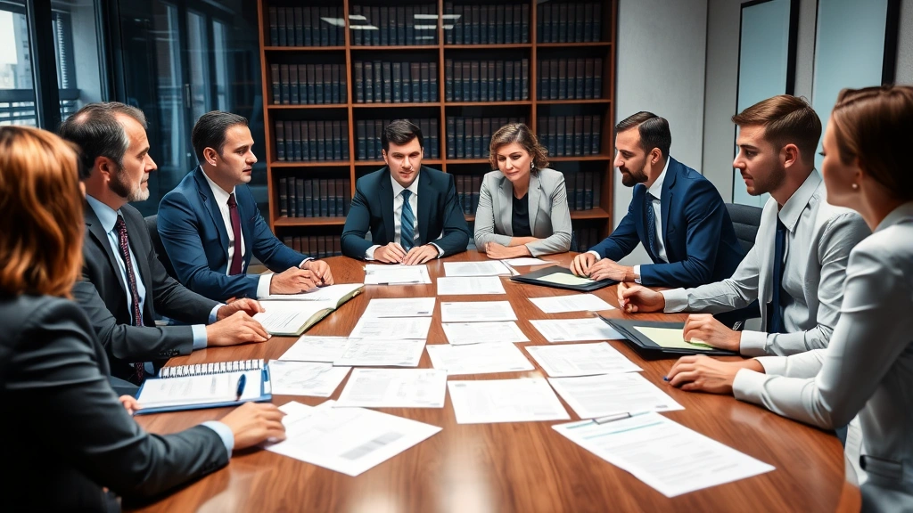 Diverse group of professionals in a law office conference room discussing case strategy, with documents spread across table, collaborative meeting atmosphere