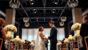 Professional photograph of a modern wedding ceremony in an upscale venue with elegant decorations, showing a couple exchanging vows in formal attire, representing celebrity marriage and family law concepts