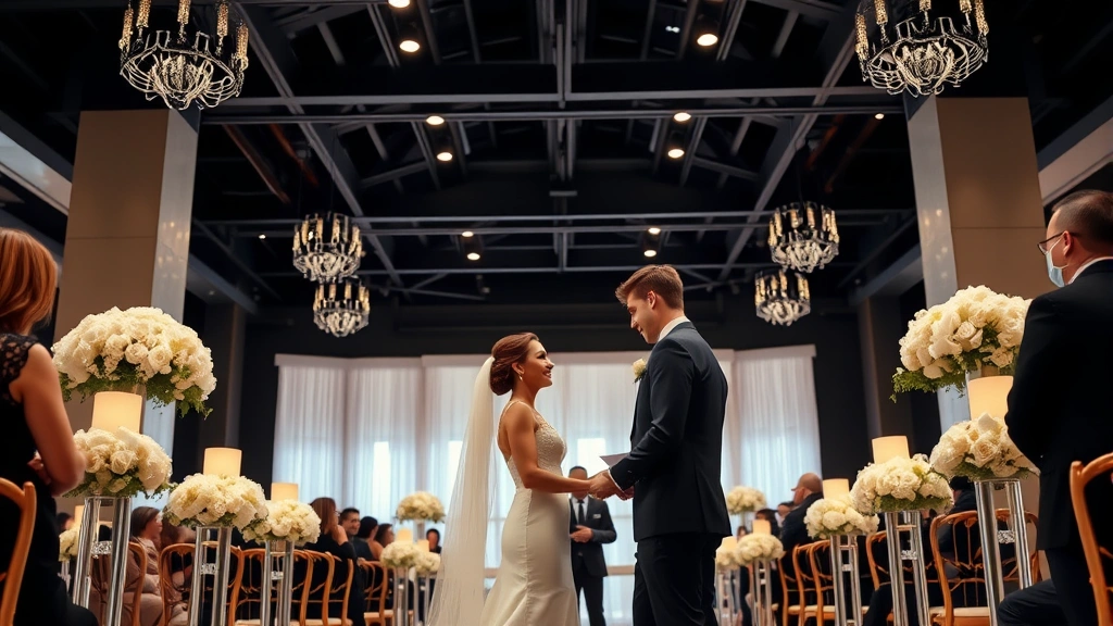 Professional photograph of a modern wedding ceremony in an upscale venue with elegant decorations, showing a couple exchanging vows in formal attire, representing celebrity marriage and family law concepts