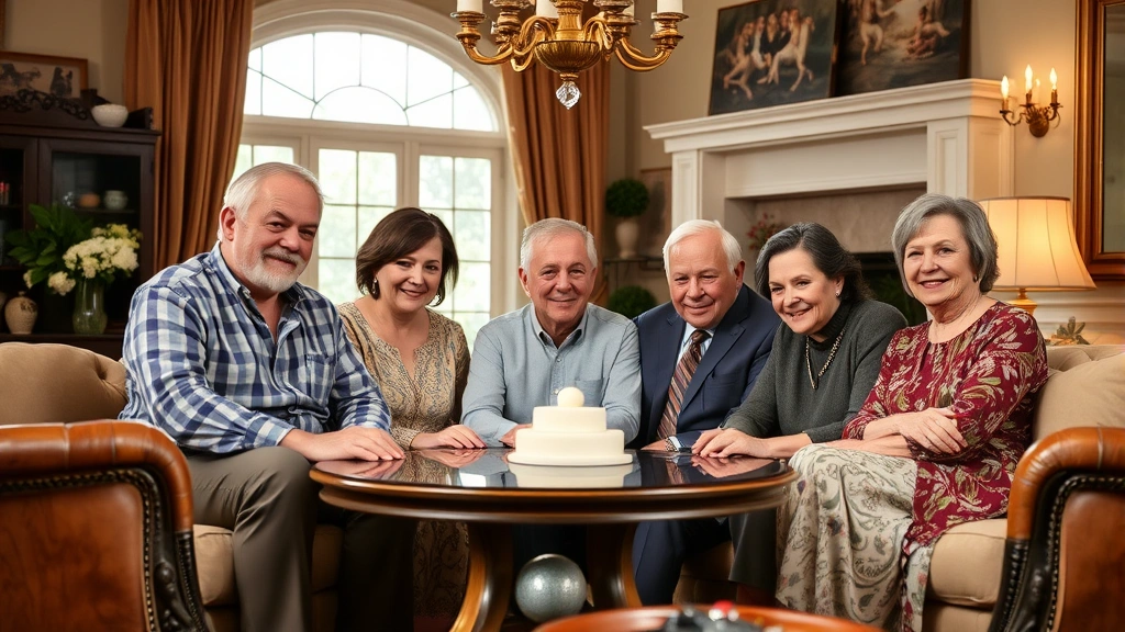 Photograph of a family gathering in a luxurious home setting with multiple generations visible, representing inheritance planning, family structures, and estate considerations for wealthy families
