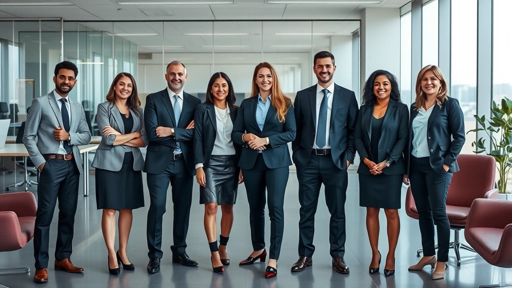 Professional team of diverse attorneys in business attire standing in modern law office with glass walls and contemporary furniture, confident poses, natural lighting from large windows, no signage or text visible