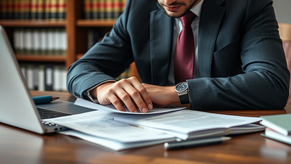 Close-up of male attorney in suit reviewing case files and legal documents at wooden desk with laptop, focused expression, law books on shelf behind, soft office lighting, no visible text on documents