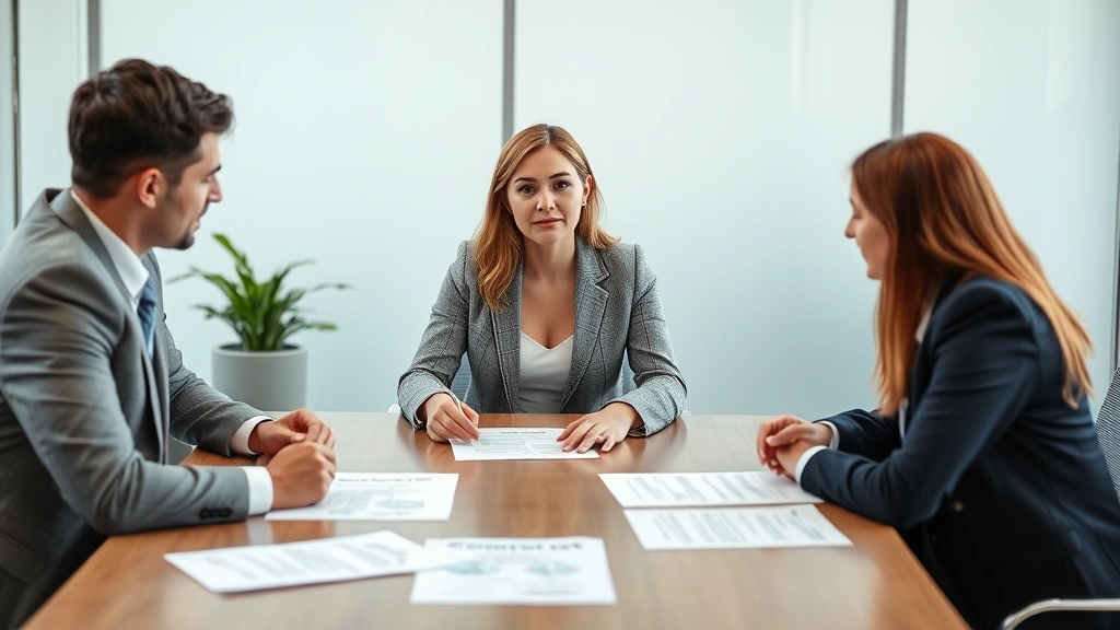 Female attorney in professional blazer sitting at conference table with clients discussing legal strategy, documents spread on table, neutral expression, modern office setting, no visible contract text or signatures