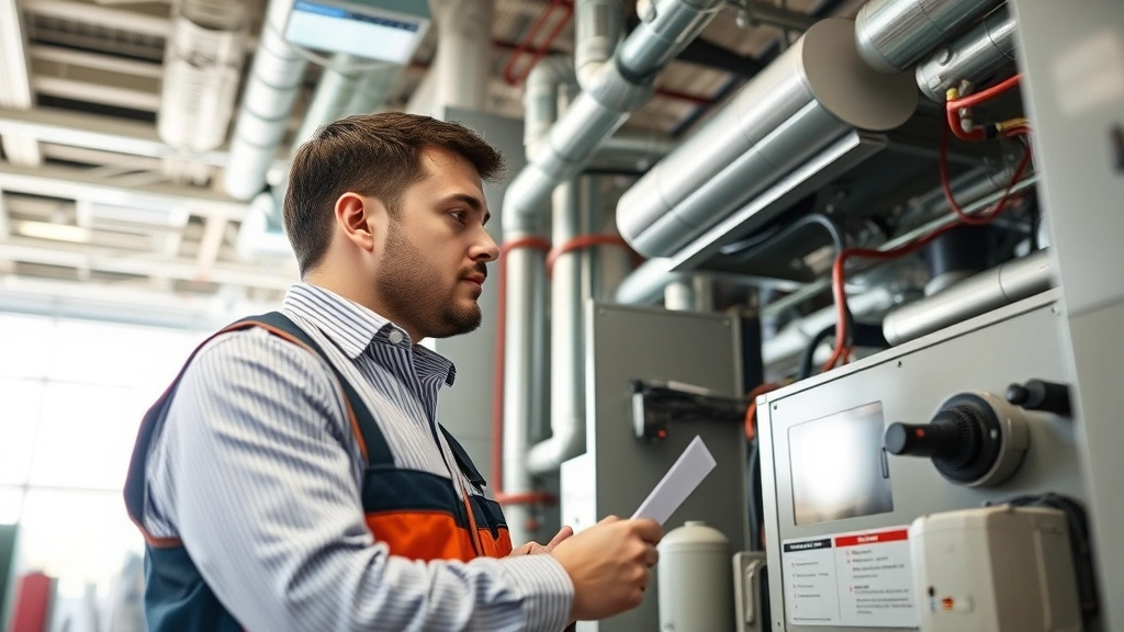 Professional HVAC technician examining modern building mechanical systems in commercial facility, focused and concentrated, modern equipment visible, natural lighting from windows